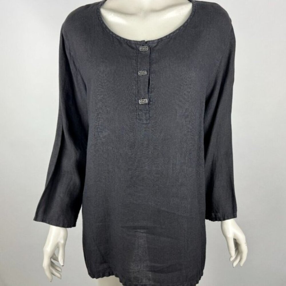 Hot Cotton Tunic Top Women XL Long Sleeve Round Button-Up Neck Lightweight Shirt